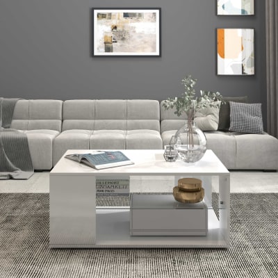 Table basse avec plateau en verre 90 cm effet bois blanc brillant