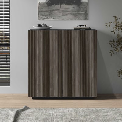Buffet 2 portes 120 cm effet bois cannelé anthracite mat et bois foncé