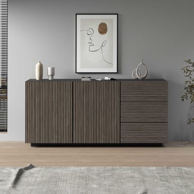 Buffet 2 portes 180 cm effet bois cannelé anthracite mat et bois foncé
