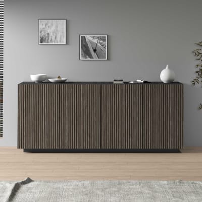Buffet 4 portes 200 cm effet bois cannelé anthracite mat et bois foncé
