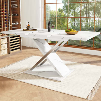 Table de salle à manger extensible effet marbre et pieds croisés
