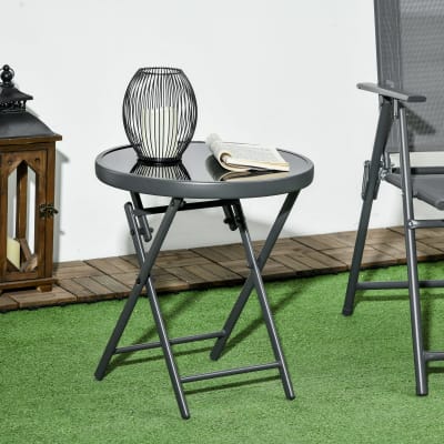 Table basse pliante ronde 45cm acier et verre trempé noir