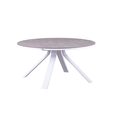 Table ronde en aluminium blanche avec plateau en verre