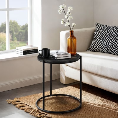 Table d'appoint plateau aspect marbre et structure en acier noire