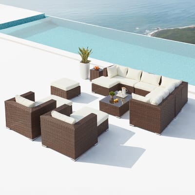 Salon jardin modulable 13/14 places résine tressée marron et blanc