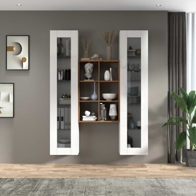 Ensemble mural de salon 140 cm effet bois blanc brillant et chêne
