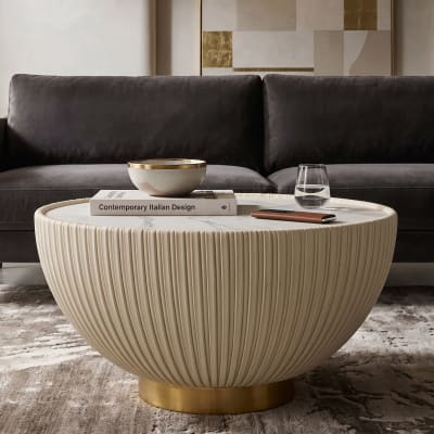Table basse en éco-cuir crème et plateau en marbre ø 71x38 cm