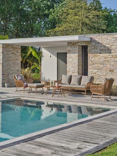 Salon de jardin bas 5 places alu aspect bois, teck et corde tissée