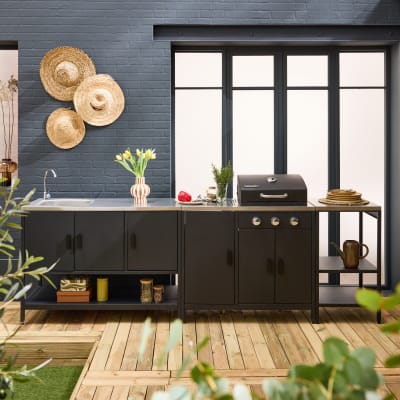 Cuisine d'extérieure 3 modules barbecue gaz 3 brûleurs inox noir