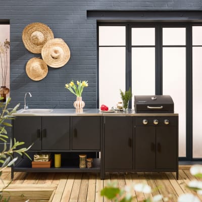 Cuisine d'extérieure 2 modules barbecue gaz 3 brûleurs inox noir
