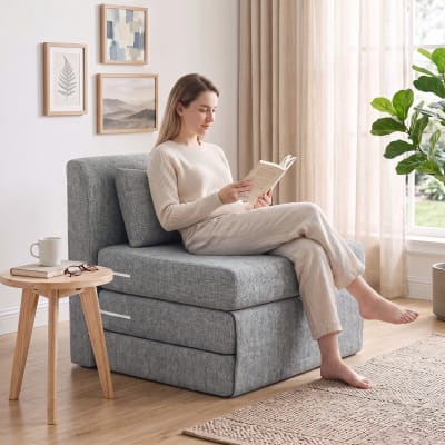 Fauteuil convertible charge 240 kg tissu lin gris