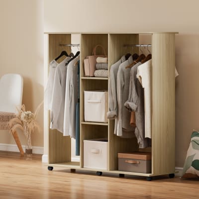 Armoire penderie mobile 6 casters bois naturel
