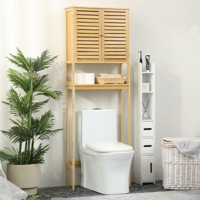Étagère de toilettes meuble salle de bain bambou 2 portes