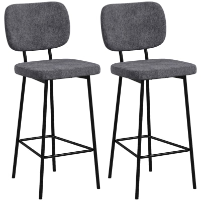 Tabourets de bar avec repose-pieds dossier tissu de lin et acier gris