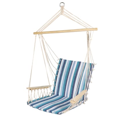 Chaise-hamac suspendue relaxante bois et tissu bleu 60x60x100cm