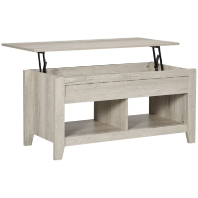 Table basse relevable etagères et compartiment caché bois chêne