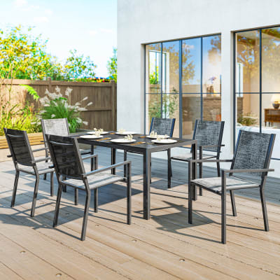 Table de jardin extérieure avec 6 chaises empilables en acier noir