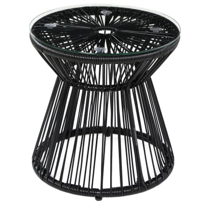 Table de jardin ronde résine tressée & métal & verre trempé noir