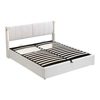 Lit coffre double PU blanc avec éclairage LED, USB