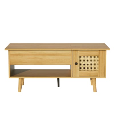 Table basse relevable effet bois 2 portes en rotin 103*50cm
