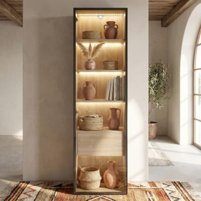 Vitrine haute effet bois clair 1 grands tiroirs 1 portes, avec LED