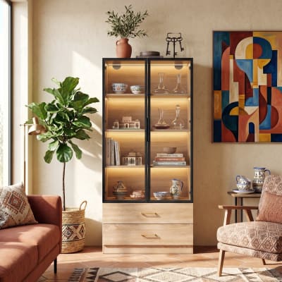 Vitrine haute effet bois 2 grands tiroirs et 2 portes avec LED