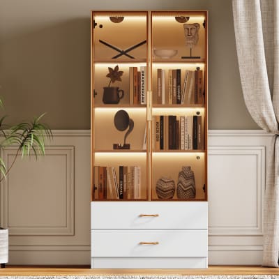 Vitrine haute blanc 2 grands tiroirs et 2 portes, avec LED