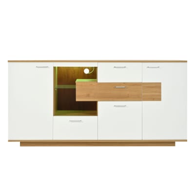 Buffet Bas Design Blanc et Chêne avec Éclairage LED