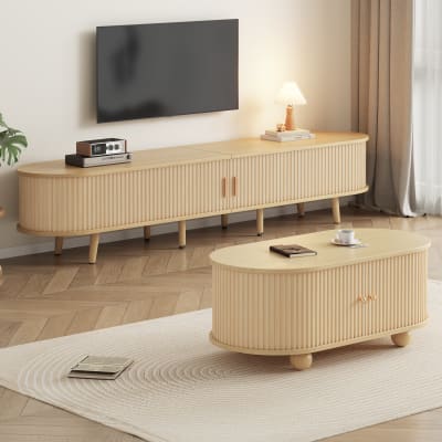 Ensemble de Meuble TV et table basse ovale en couleur bois