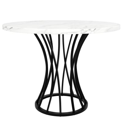 Table ronde de salle à manger effet marbré blanc, pieds noirs