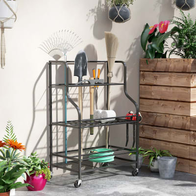 Organiseur d'outils de jardin 54 emplacements en acier sur roues noir