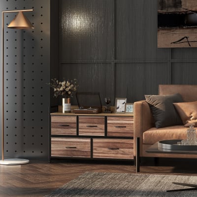Commode meuble de rangement 5 tiroirs tissu et acier noir
