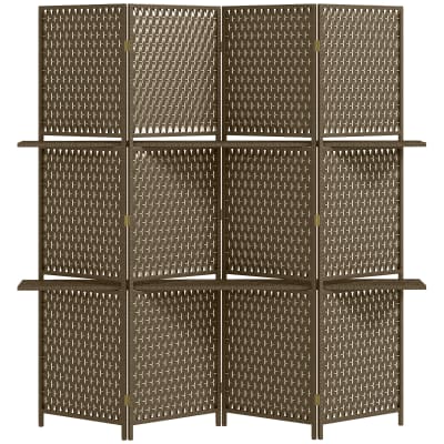 Paravent intérieur 4 panneaux bois pin bambou fibres tressées marron