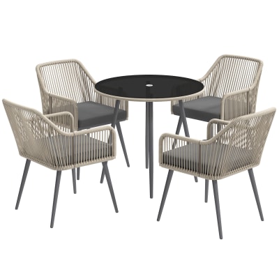 Mobilier de jardin 4 places table et coussins résine tressée marron