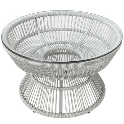 Table basse de jardin ronde résine et verre trempé gris clair