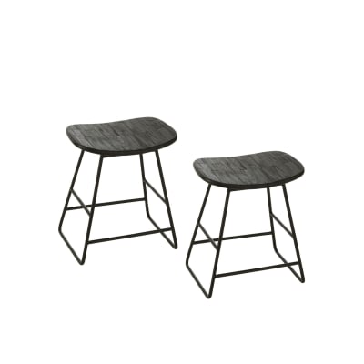 Lot de 2 tabourets en teck recyclé brossé et en métal noir