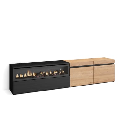 Meuble tv effet bois chêne et noir 200x35x45cm cheminée effet feu