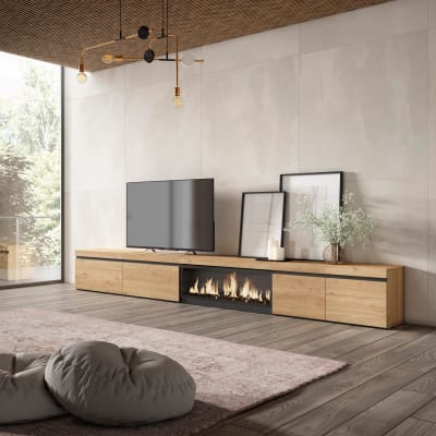 Meuble tv effet bois de chêne 368x35x45cm cheminée effet feu xxl