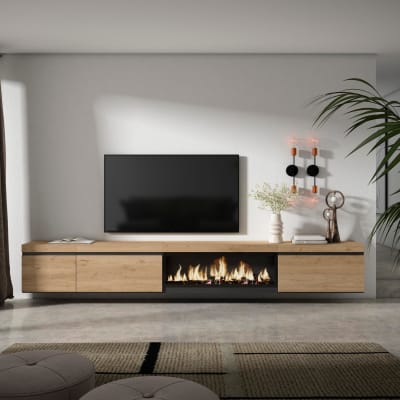 Meuble tv effet bois de chêne 317x35x45cm cheminée effet feu xxl