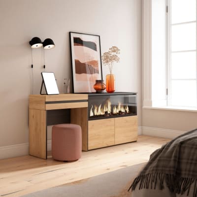 Coiffeuse effet bois chêne 177x35x75cm cheminée effet feu xxl