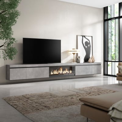 Meuble tv effet bois ciment 368x35x45cm cheminée effet feu xxl