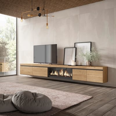 Meuble tv effet bois de chêne 368x35x45cm cheminée effet feu xxl