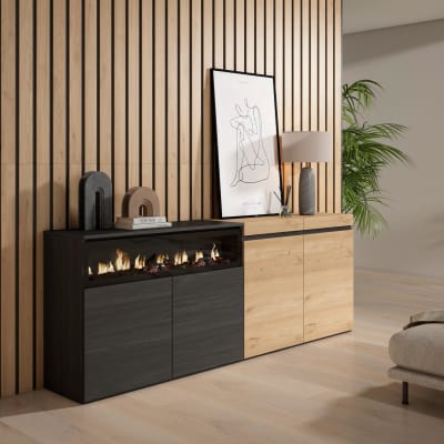 Buffet effet bois chêne et noir 200x35x75cm cheminée effet feu