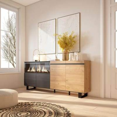 Buffet effet bois chêne et noir 208x35x87cm cheminée effet feu xxl