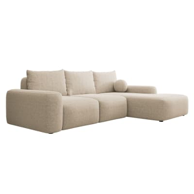 Canapé d’angle en tissu chenille, coussin boule, beige, droite