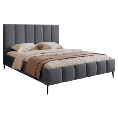 Lit rembourré 140x200 avec coffre, pieds en métal, gris foncé