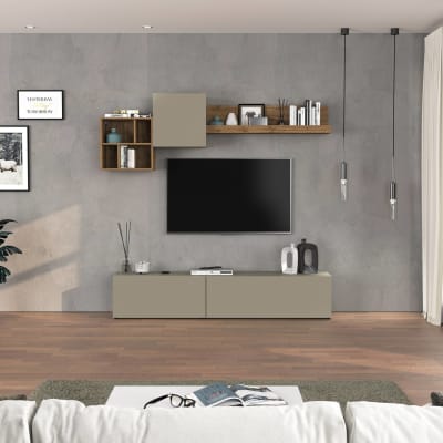Ensemble mural pour salon 180/260 cm effet bois taupe mat et chêne