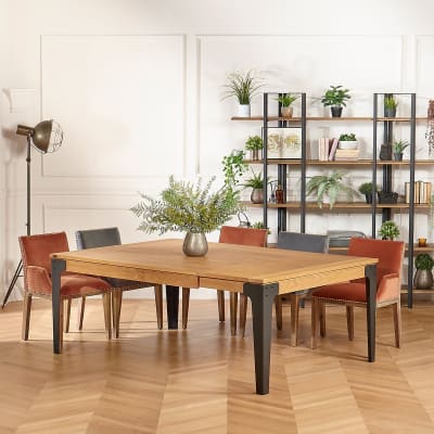 Table carrée en chêne et métal 1 rallonge 8/10 couverts noire