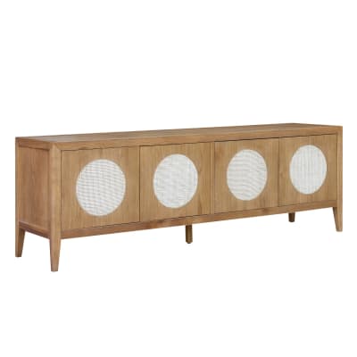 Meuble tv style contemporain, 4 portes en chêne et cannage marron
