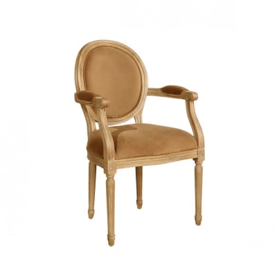 Fauteuil de table style classique en hévéa et tissu velours camel